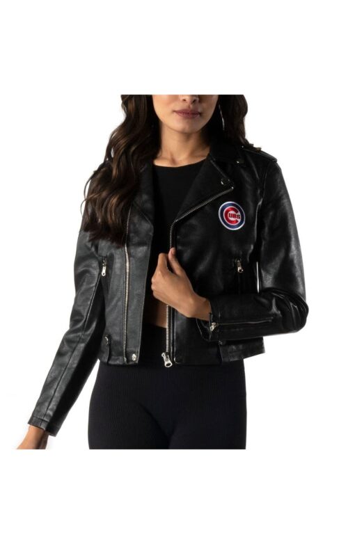 Women's The Wild Collective Black Chicago Cubs Faux Leather Moto Full-Zip Jacket - Image 2