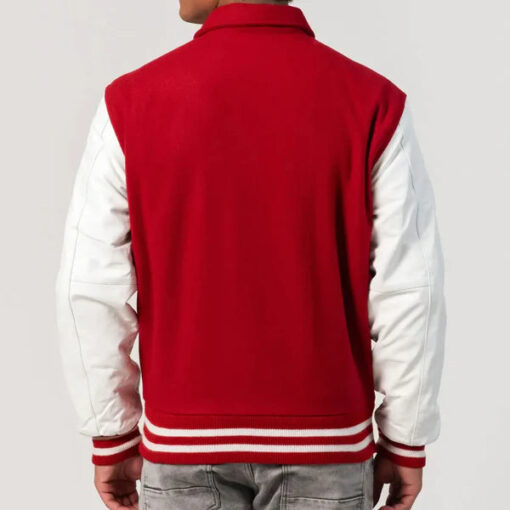Scarlet Wool Varsity Jacket with White Leather Sleeves and Byron Collar - Image 2