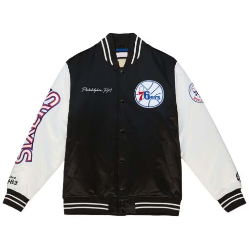 NBA Philadelphia 76ers Mitchell & Ness Team Origins Satin Full-Snap Varsity Jacket - Black by TJS - Image 3