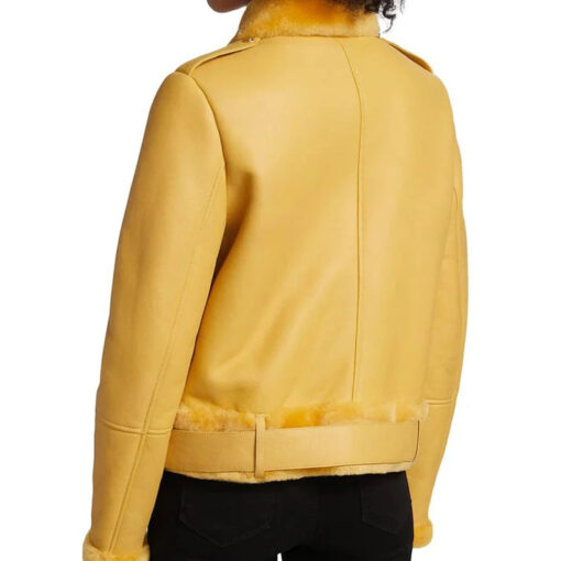 Women's Faux Shearling Yellow Leather Jacket - Image 2