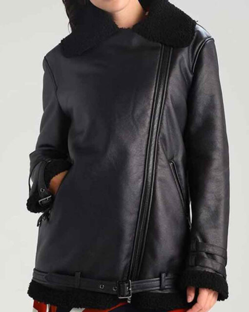 Womens Black Leather Shearling Aviator Jacket - Image 3