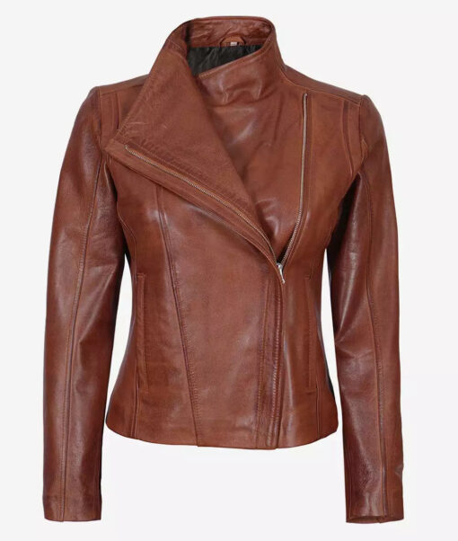 Women's Cognac Asymmetrical Leather Moto Jacket