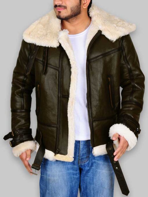 WWII B3 Bomber Men Army Green Shearling Jacket - Image 2