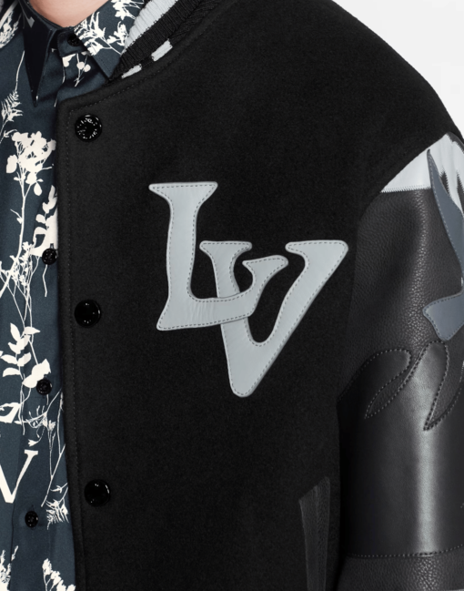 Black Louis Vuitton Chains Camo Varsity Jacket - Image 3