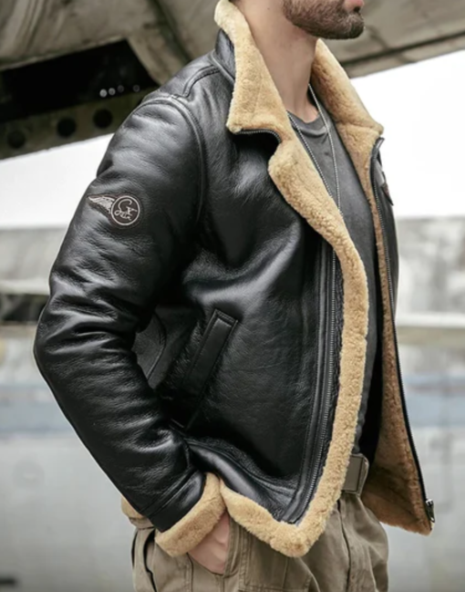Black RAF Aviator Sheepskin Shearling Leather Jacket - Image 2