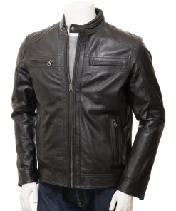 Black Leather Double Pockets Biker Jacket Men’s
