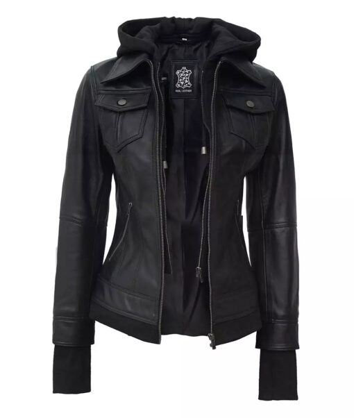 The Céleste: Women's Black Bomber Leather Jacket | Removable Hood