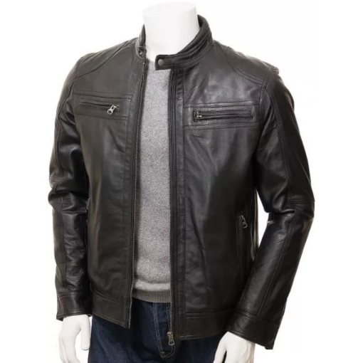 Black Leather Double Pockets Biker Jacket Men’s - Image 2