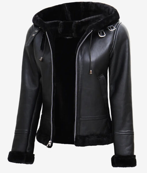 Women's Black Shearling Leather Hooded Jacket