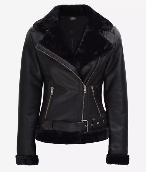 Women's Black Shearling Moto Leather Jacket - Image 2