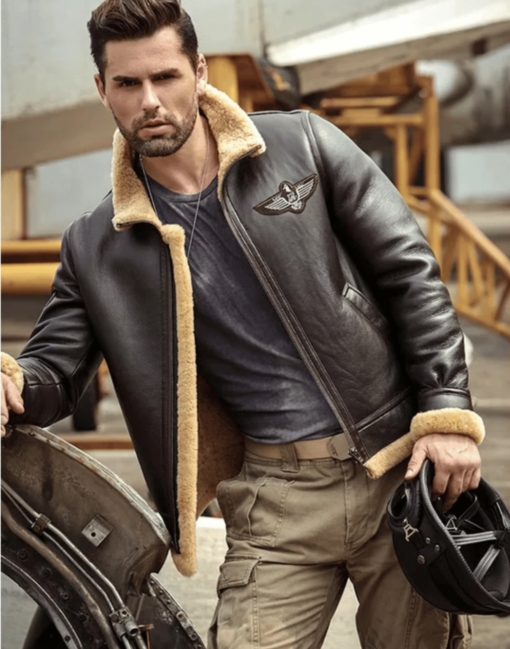 Brown RAF Aviator Airforce Sheepskin Shearling Leather Jacket - Image 2