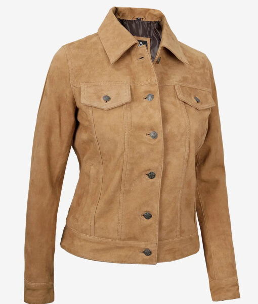 Women's Light Brown Suede Trucker Jacket - Image 2