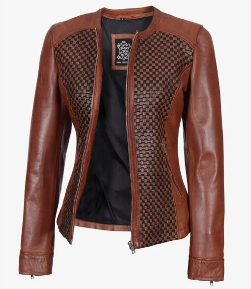 Women's Textured Brown Leather Cafe Racer Jacket - Image 2