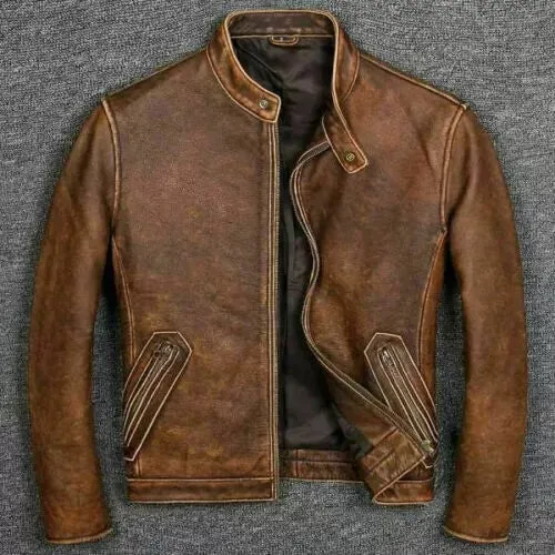 Cafe Racer Distressed Tan Brown Genuine Biker Leather Jacket
