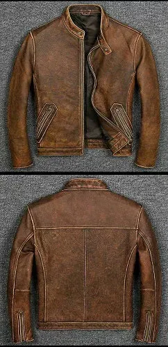 Cafe Racer Distressed Tan Brown Genuine Biker Leather Jacket - Image 2