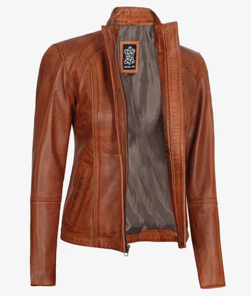 Acerra Women's Cognac Brown Cafe Racer Real Leather Jacket