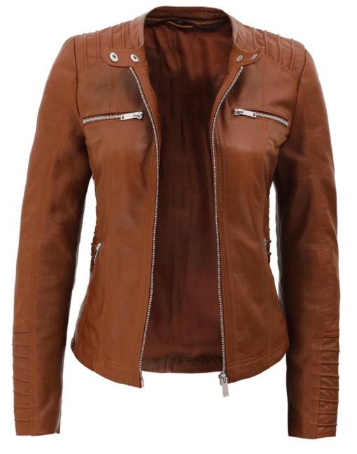 Womens Brown Racer Leather Jacket With Removable Hood - Image 5