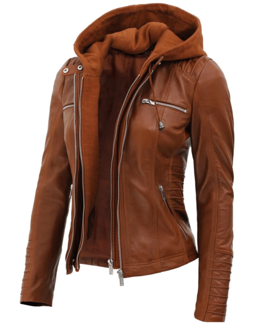 Womens Brown Racer Leather Jacket With Removable Hood - Image 3