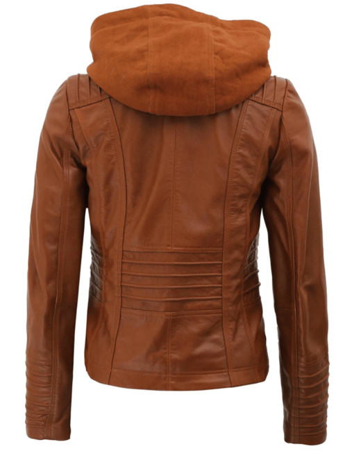 Womens Brown Racer Leather Jacket With Removable Hood - Image 2