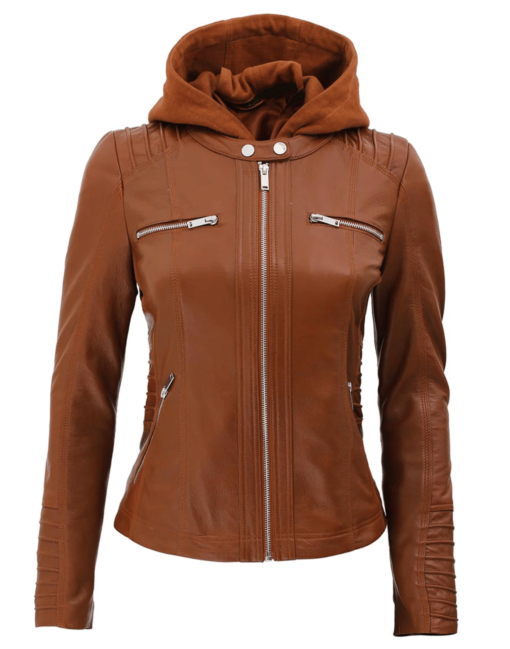 Womens Brown Racer Leather Jacket With Removable Hood - Image 6