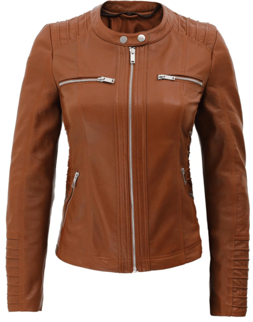 Womens Brown Racer Leather Jacket With Removable Hood - Image 4