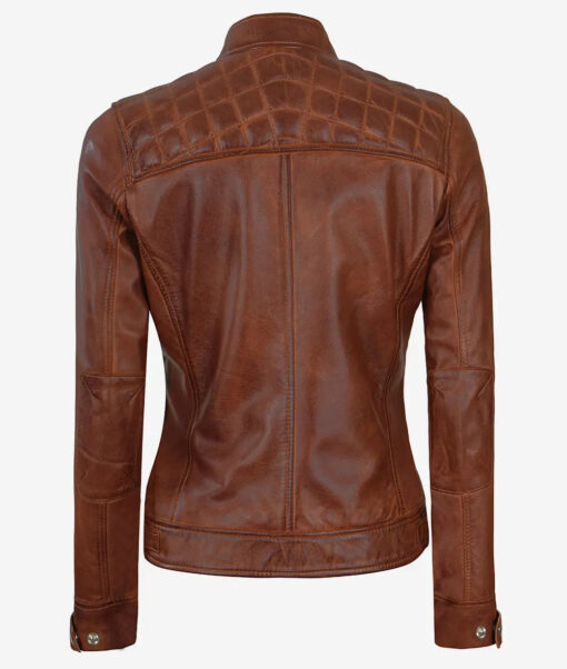 Women's Cognac Cafe Racer Leather Jacket | Quilted Shoulder - Image 2