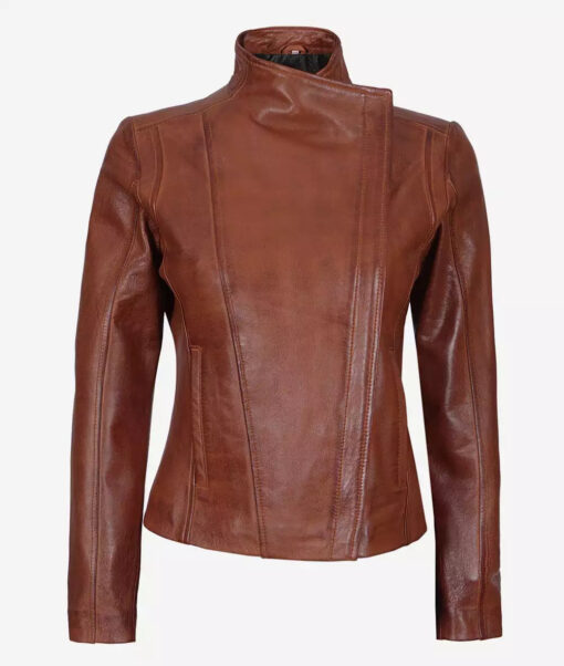 Women's Cognac Asymmetrical Leather Moto Jacket - Image 2