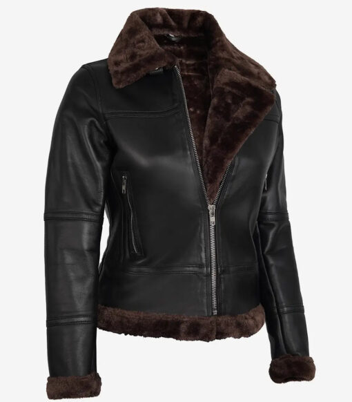 Women's Dark Brown B3 Shearling Bomber Leather Jacket - Image 2