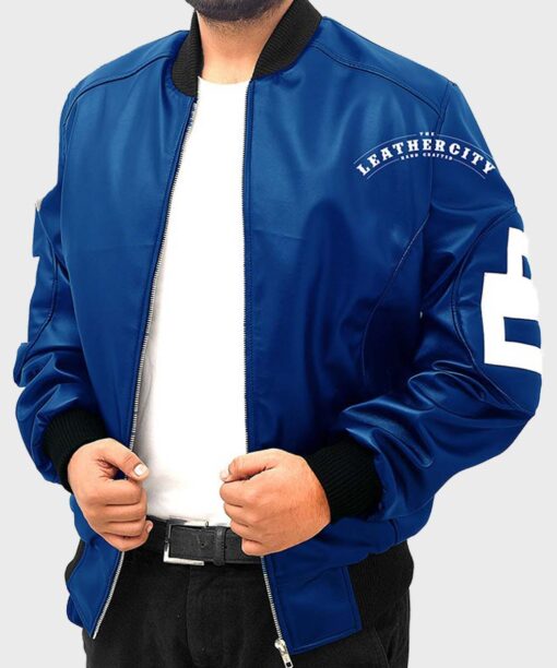 8 Ball Blue Leather Bomber Jacket - Image 2