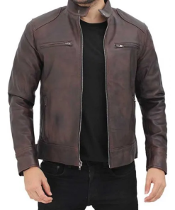 Dodge Men Brown Cafe Racer Leather Jacket