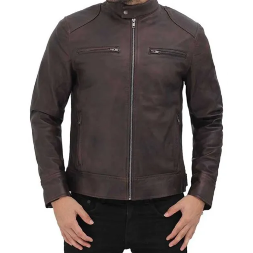 Dodge Men Brown Cafe Racer Leather Jacket - Image 2