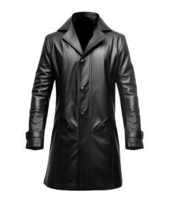 Button Closure Black Long Genuine Leather Coat