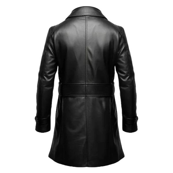 Button Closure Black Long Genuine Leather Coat - Image 2