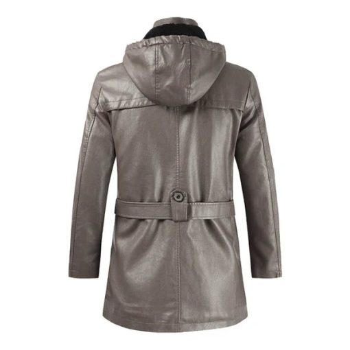 Fashionable Hooded Brown Long Motorcycle Leather Coat - Image 2