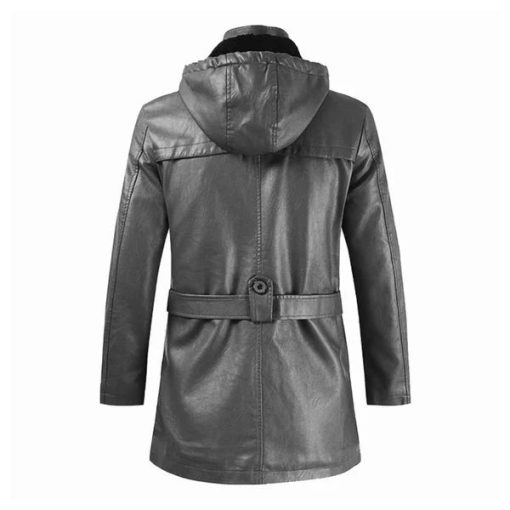 Fashionable Hooded Black Long Leather Motorcycle Coat - Image 2