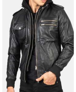 Bravado Black Hooded Leather Bomber Jacket