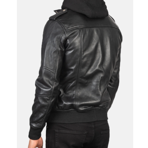 Bravado Black Hooded Leather Bomber Jacket - Image 2