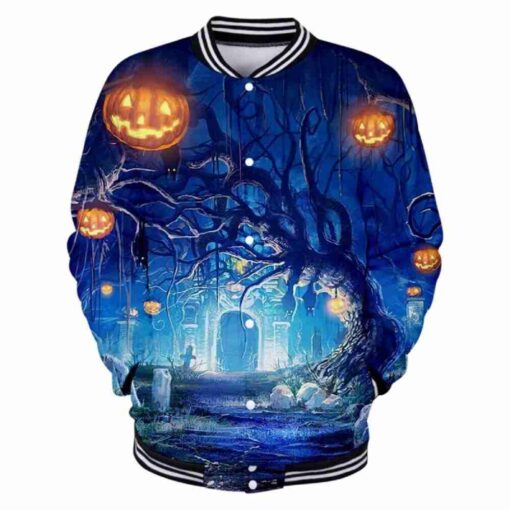 Halloween Blue Pumpkin Print Varsity Jacket