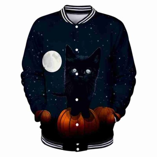 Halloween Cat Print Varsity Jacket