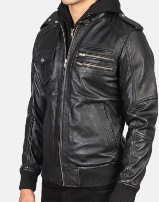 Bravado Black Hooded Leather Bomber Jacket - Image 4