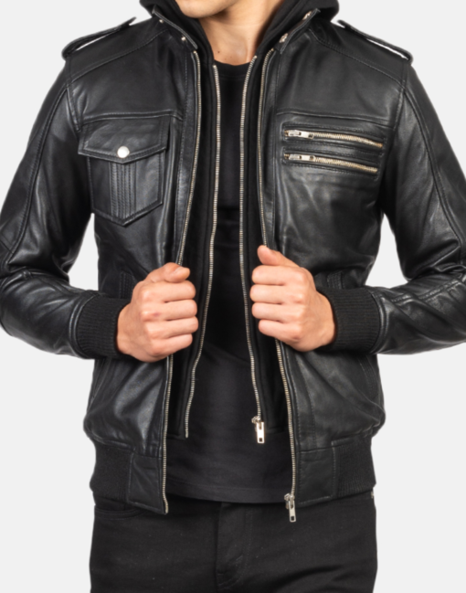 Bravado Black Hooded Leather Bomber Jacket - Image 3