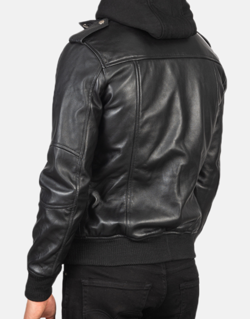 Bravado Black Hooded Leather Bomber Jacket - Image 2