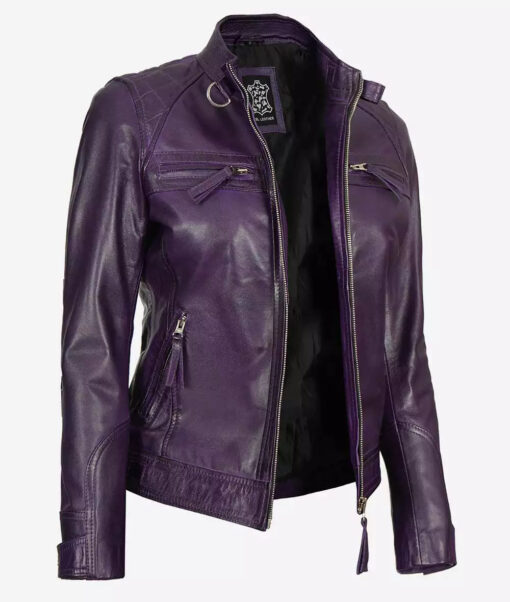 Women's Purple Cafe Racer Leather Jacket | Quilted Shoulder - Image 2