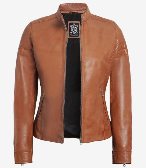 Women's Tan Real Lambskin Biker Leather Jacket - Image 2