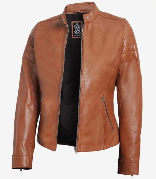 Women's Tan Real Lambskin Biker Leather Jacket