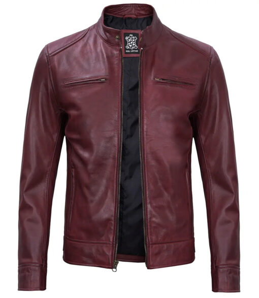 Dodge Men's Maroon Premium Lambskin Cafe Racer Leather Jacket - Image 2