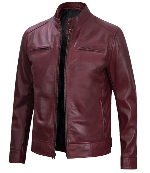 Dodge Men's Maroon Premium Lambskin Cafe Racer Leather Jacket