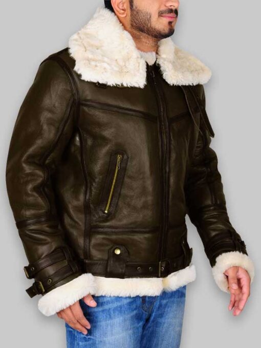 WWII B3 Bomber Men Army Green Shearling Jacket - Image 3