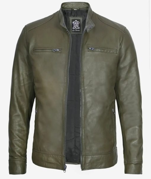 Dodge Men's Cafe Racer Military Green Real Leather Jacket - Image 2