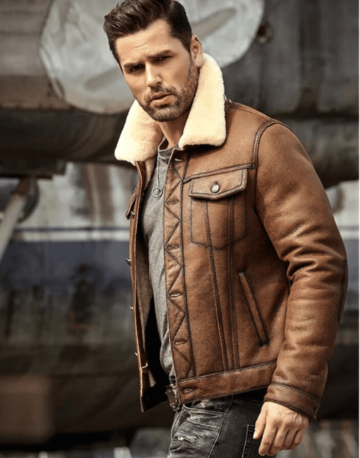 Mens Brown RAF B3 Shearling Leather Jacket - Image 2
